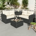 thumbnail image 3 of 4 Pieces Wicker Furniture Set, Outdoor Conversation Sofa Set, PE Rattan Sectional with 2 Cushioned Loveseats, Glass Coffee Table and Side Cabinet, for Patio, Backyard, Poolside, Deck, Beige, D5641, 3 of 10