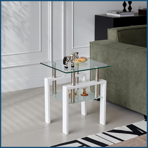 2-Layer Tempered Clear Glass Coffee Table for Living Room, Space-Saving Easy-Clean Sofa Side Table
