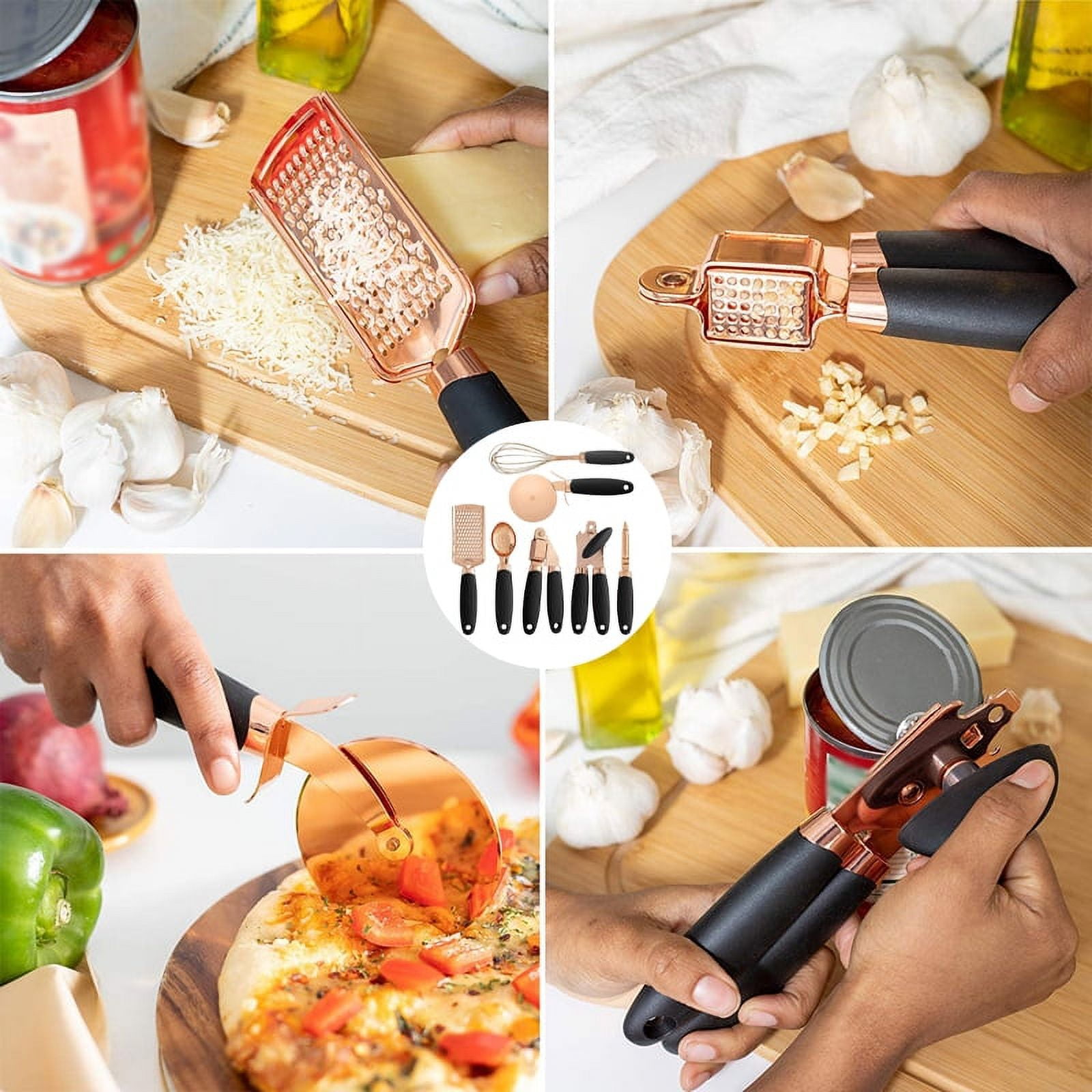 7PC Rose Gold Kitchen Gadget Set Can Opener Potato Cooking High-End Garlic  Press Pizza Cutter