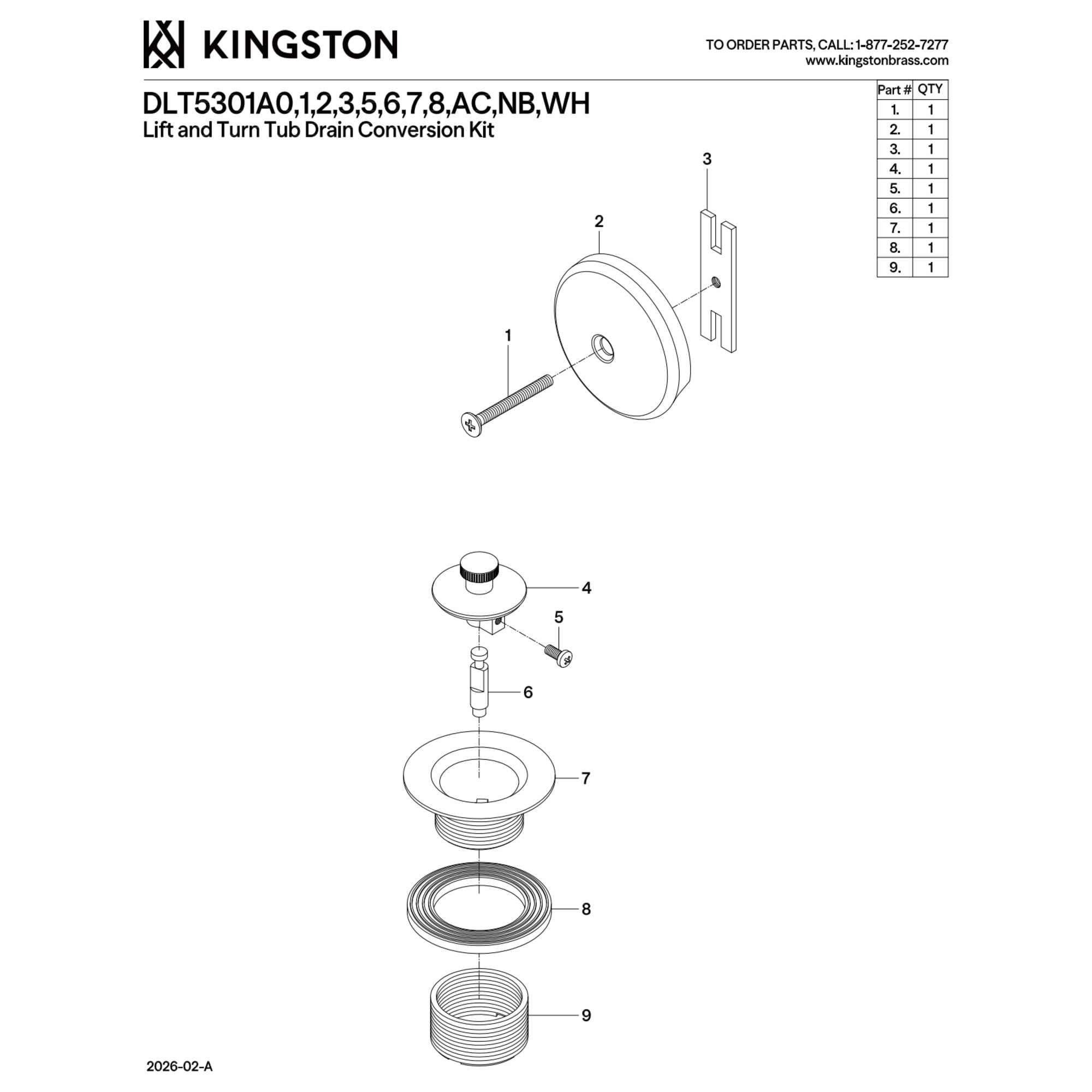 Kingston Brass DLT5301A7 Trimscape Zinc Alloy Lift and Turn Tub Drain Conversion Kit in Brushed Brass