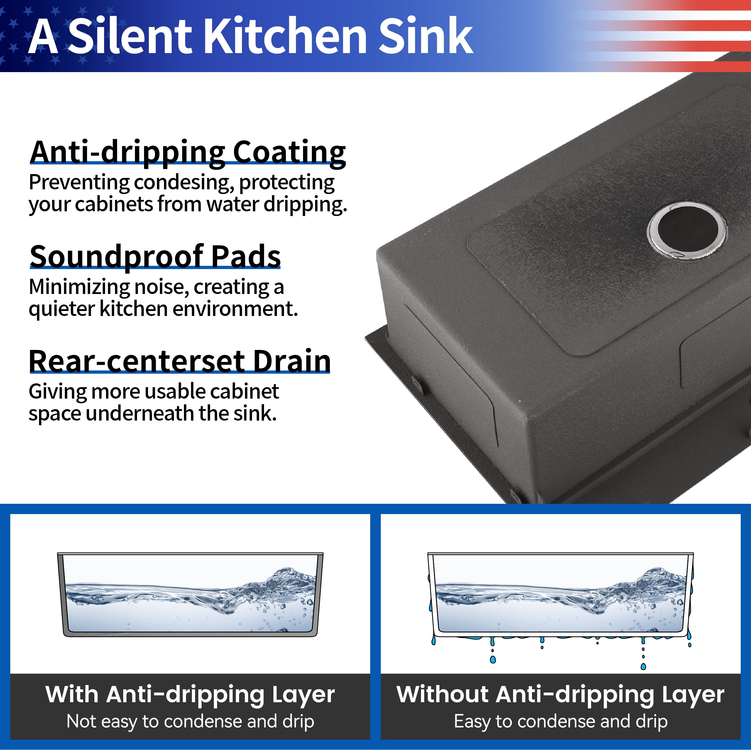32-inx19-in Black Stainless Steel Drop-In Kitchen Sink-Single Bowl 16 Gauge Topmount Sink with US Drain And Hooks