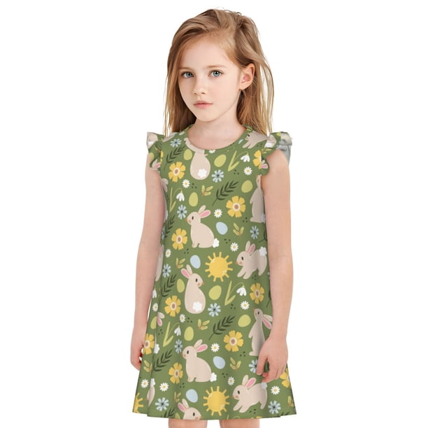 Fotbe Happy Easter Vestido de Dormir para Niñas de 3 a 10 Años, Mangas Cortas, Estilo Princesa, Pijama Camisón con Mangas Voladas-Small