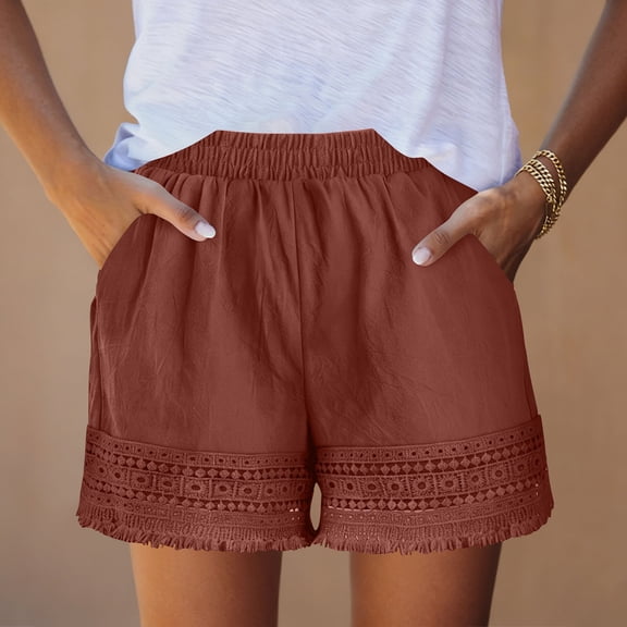 Pounoo Shorts for Women Solid Color Crochet Lace Hem Shorts Weekend Outings Breathable Versatile Relaxed Fit Everyday Bottoms Gift