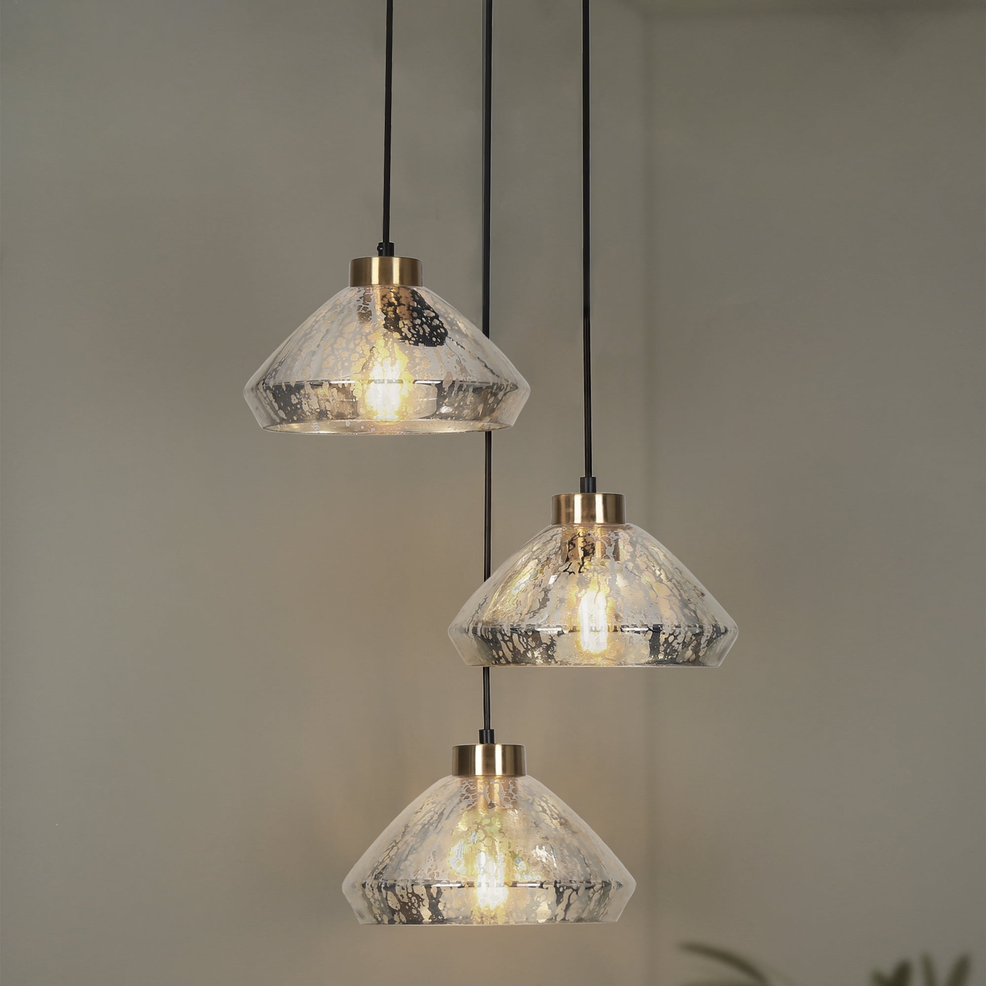 LNC 3-Light Clustered Modern Gold E26 Hardwired Pendant Light with Mercury Glass Shades