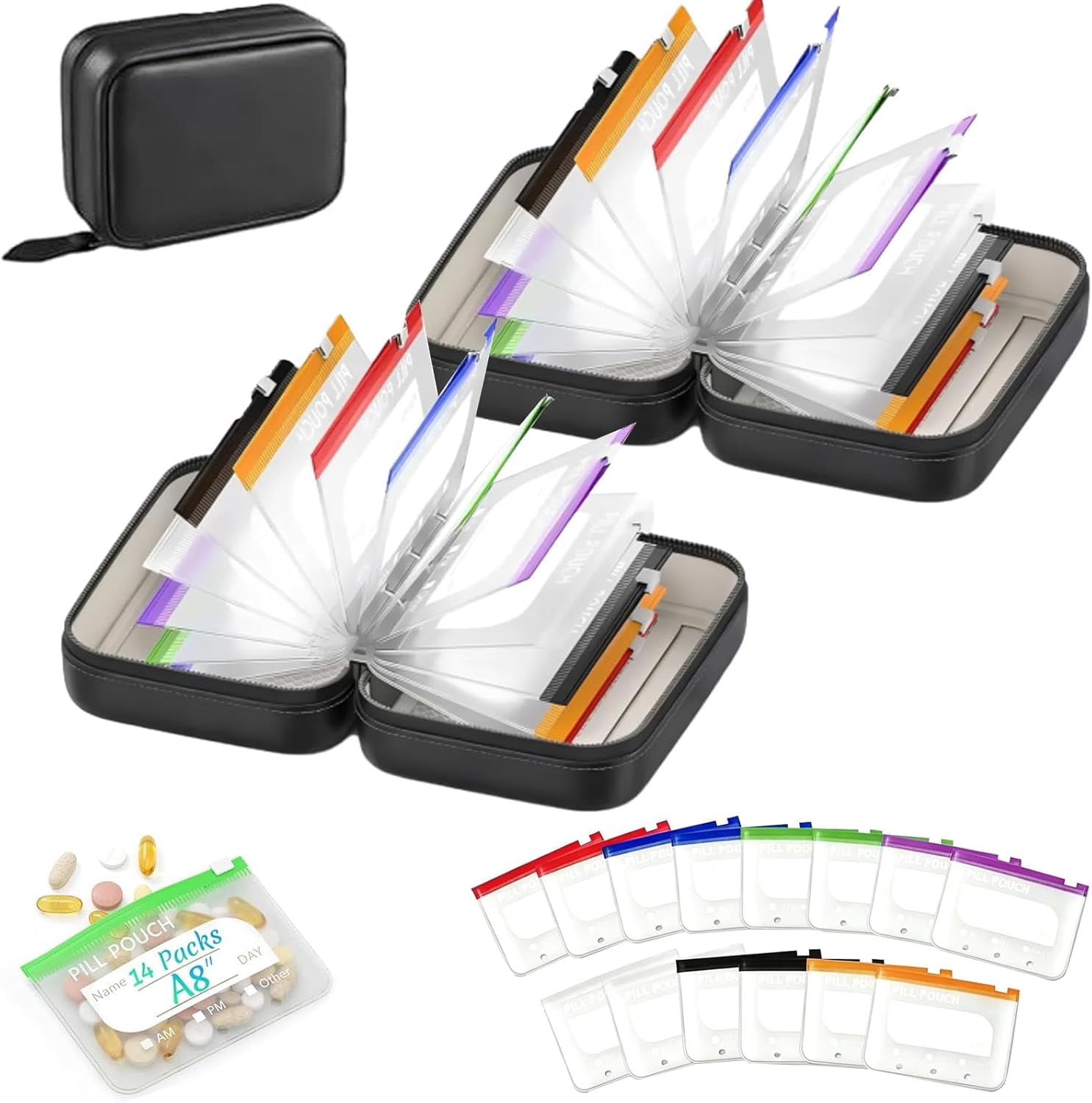 Waterproof Pill Pouch Set-14pcs Bags Inside, A8 Waterproof Pill Organizer Set, Reusable Pill Pouches for Travel, Zippered Pill Pouches for A8 Binder with 14 Color-Coded Bags for Daily Use (2-Green)