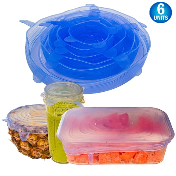 Stretch Lids Silicone Food Storage Container Lids - Reusable Premium 6-Pack - Leak-Proof & Eco-Friendly Covers for Fresh Food Storage in Plastic Containers, Jars, Bins, cups & Mason Bowls - Blue