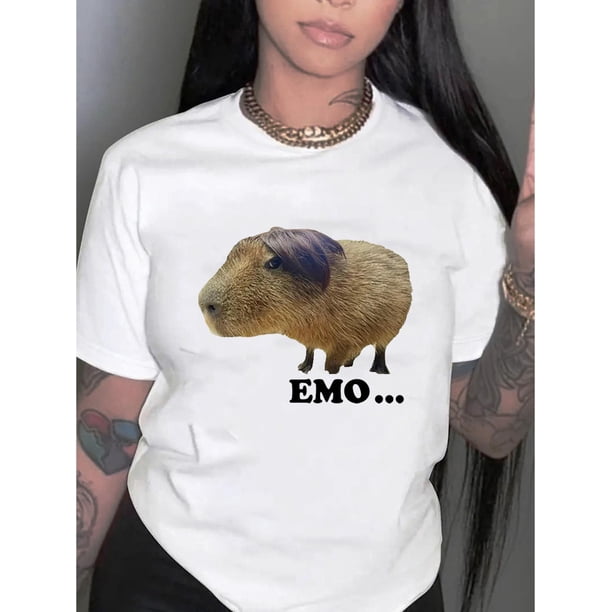 Emo Guinea Pig Graphic Print T-Shirt for Women, Casual Style Crew Neck Short Sleeve, Comfortable Summer Top with Polyester and Spandex Blend, Medium Stretch Knit Fabric - Fashionable Animal Pattern T