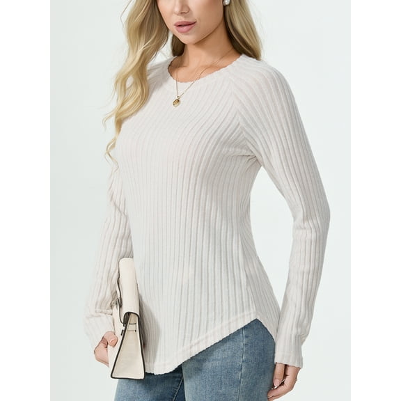 Aiyino Long Sleeve Shirts for Women Casual Tunic Tops Dressy Crew Neck Pullover Blouses Sweaters for Women,Apricot L