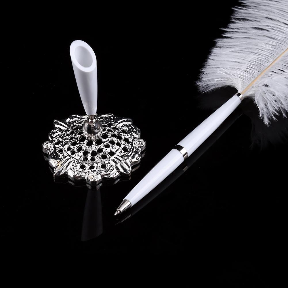HERCHR Quill Pen Set, Ostrich Feather Wedding Quill Signing Ballpoint Writing Pen With Metal Holder New, Writing Quill Pen