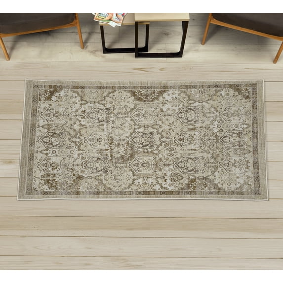 Vintage Decorative Rug, Classic Themed Oriental Style Royal Ornaments Boho Curly and Leafy Details, Quality Carpet for Bedroom Dorm and Living Room, 6 Sizes, Eggshell and Fawn, by Ambesonne