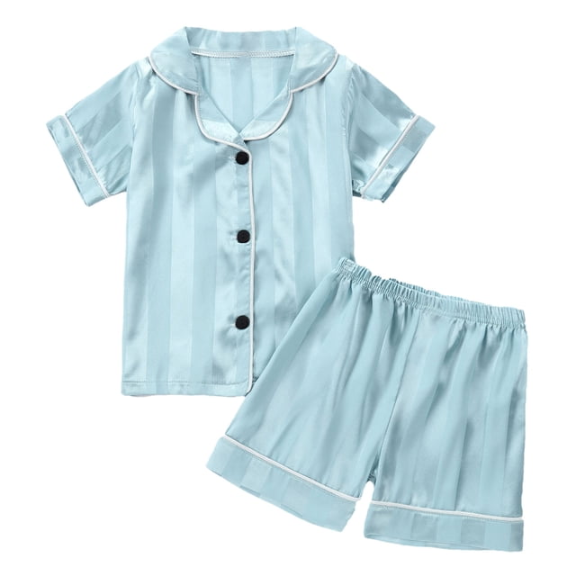 Odeerbi 1-8 Años Niños Niñas Pijama de Verano de Satén Con Solapa de Muesca Camisa de Manga Corta Pantalón Conjunto de Ropa de Dormir Suave