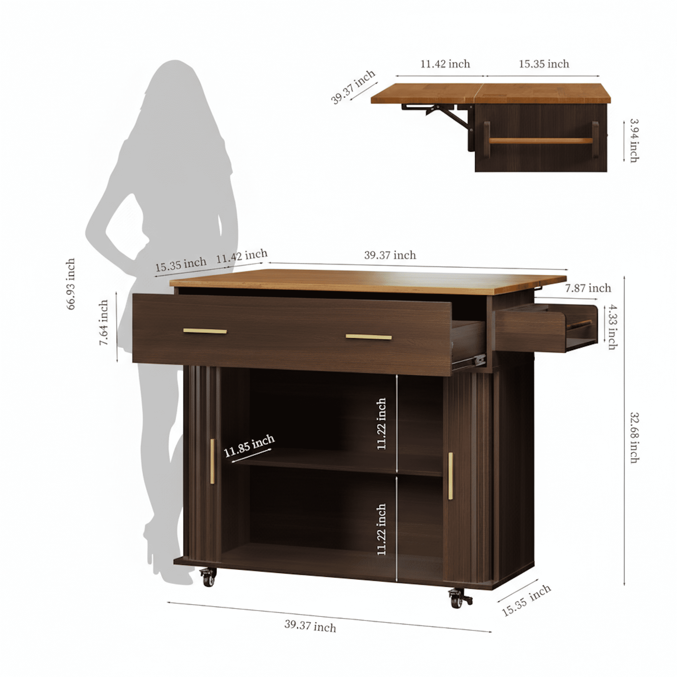 AISWORD Rolling Kitchen Island with Drop Leaf, Sliding Door, Drawers & Spice Rack, Brown