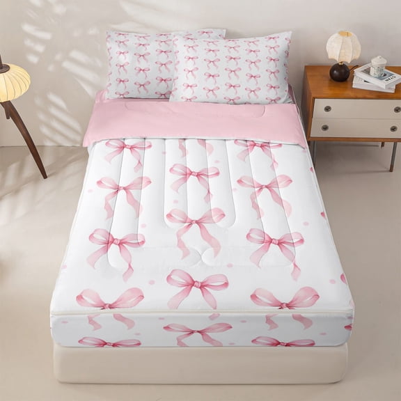 Homewish Girls Bowknot Zipper Twin Comforter Sets with Fitted Sheet and 2 Pillowcases,Pink Polka Dots Bow Zipper Bedding Set,Pink Reversible,4 Pieces