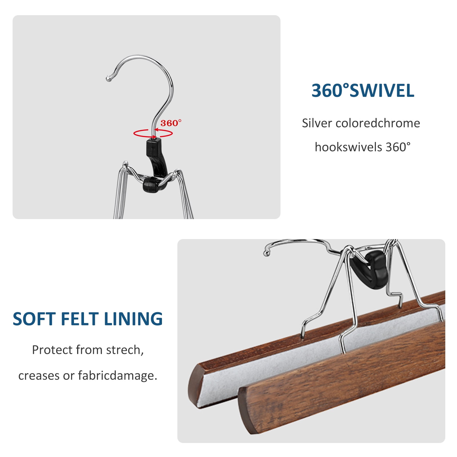 BagDream 12 Pack Wooden Pants Hangers with Clips, Smooth Finish Solid Wood Non Slip Skirt Hangers Jeans Slack Clamp Hanger, Walnut