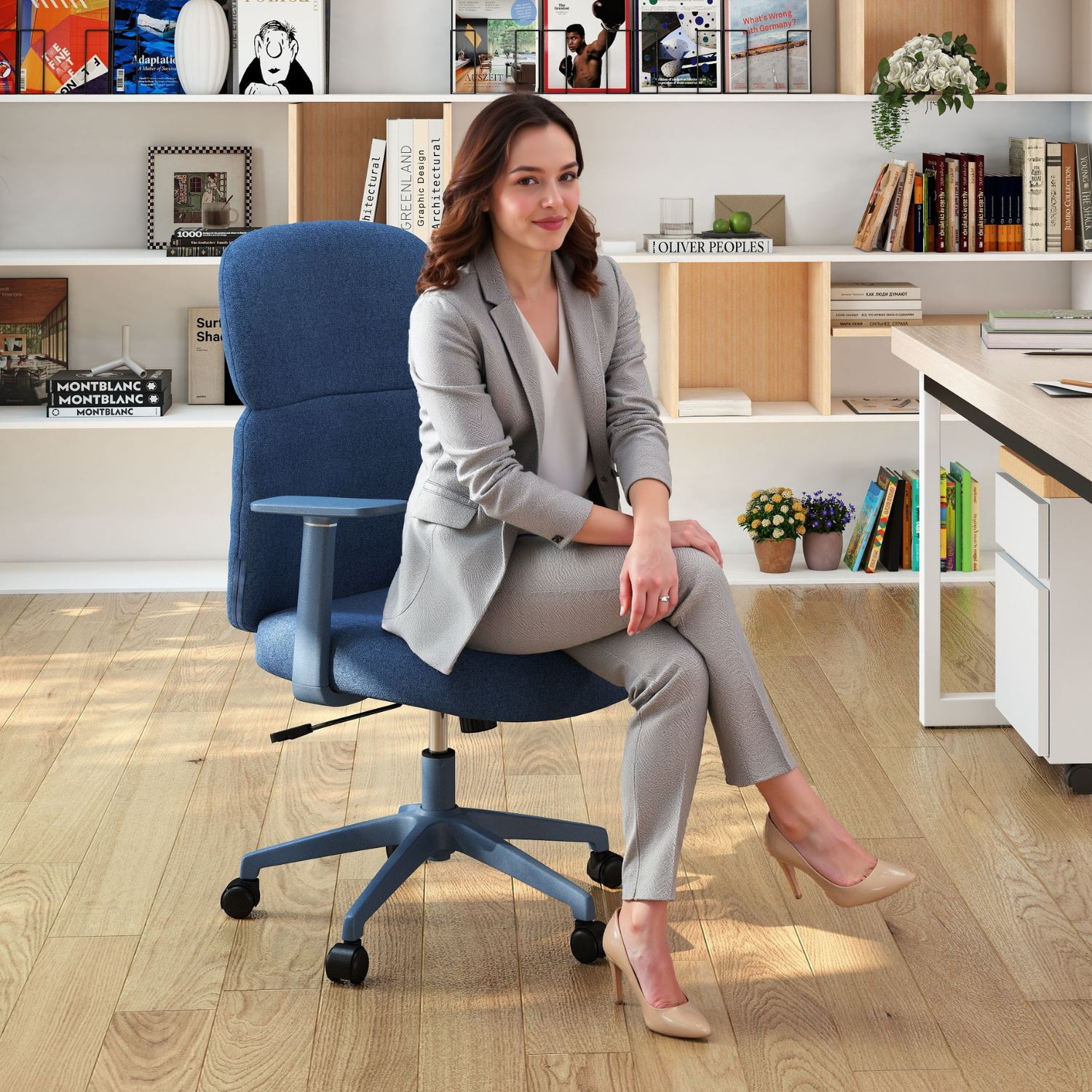 Dayalane Modern Adjustable Office Chair, Swivel Fabric Ergonomic Task Chair with Armrests, 90-120° Tilt Function and Wide Cushion Desk Chair for Home/Bedroom/Study/Office/Conference Room, Blue