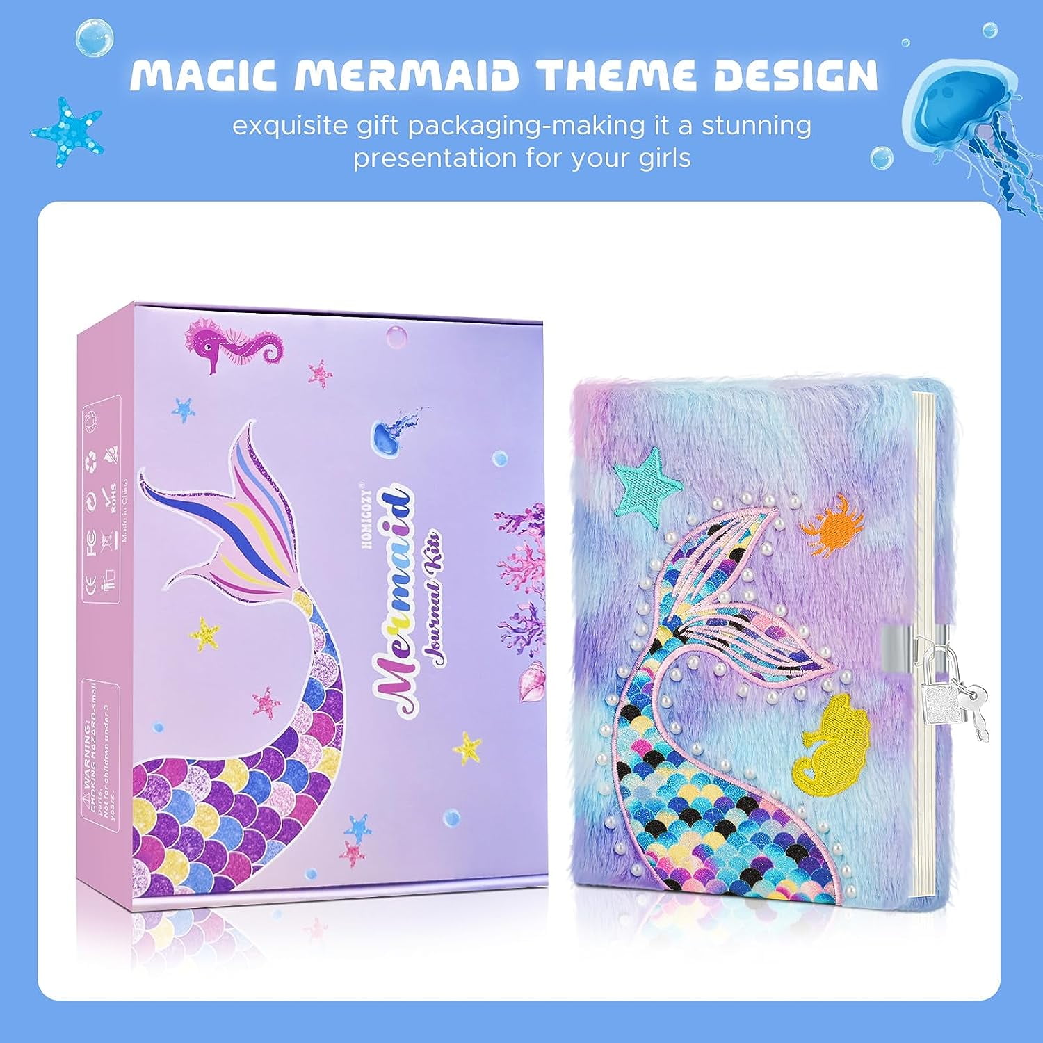 JYPS Mermaid Diary with Lock and Keys,Tie-Dye Fuzzy Journal with 160 Lined Pages,Fluffy Secret Notebook for Writing and Drawing,Purple