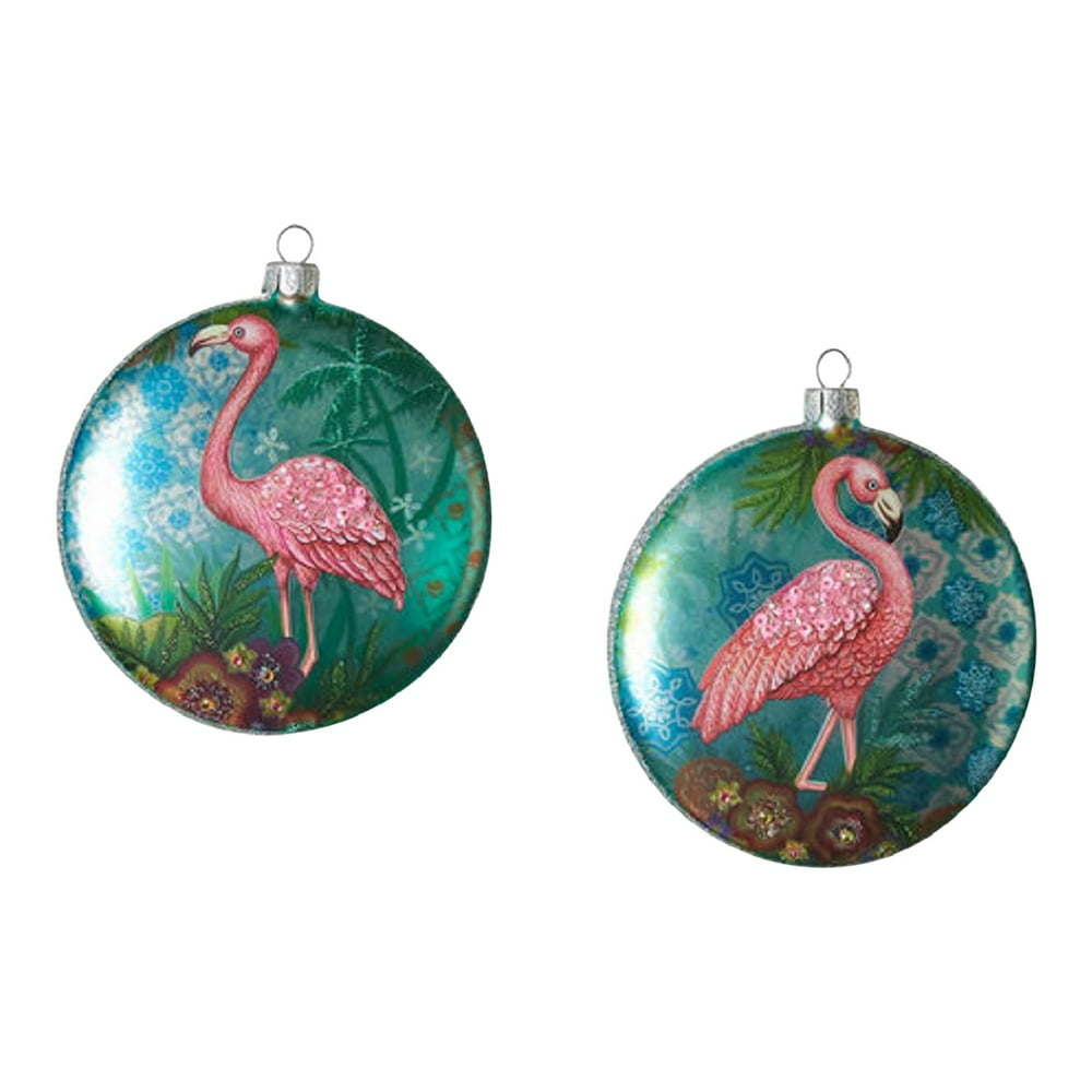Flamingo Round Disc Christmas Holiday Ornaments Set of 2 Glass ...