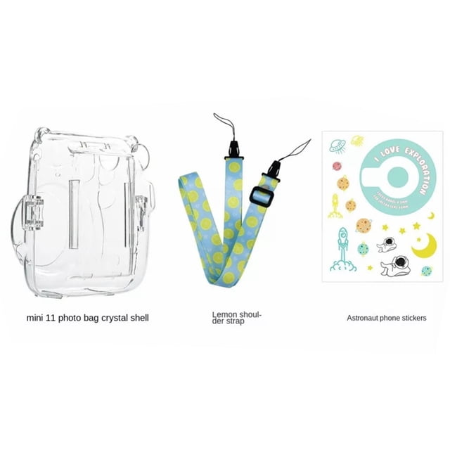 For Fujifilm Instax Mini 11 Camera - 3-in-1 Clear Crystal Protective Case Set with Photo Pocket, Shoulder Strap & Stickers, Transparent Hard Shell