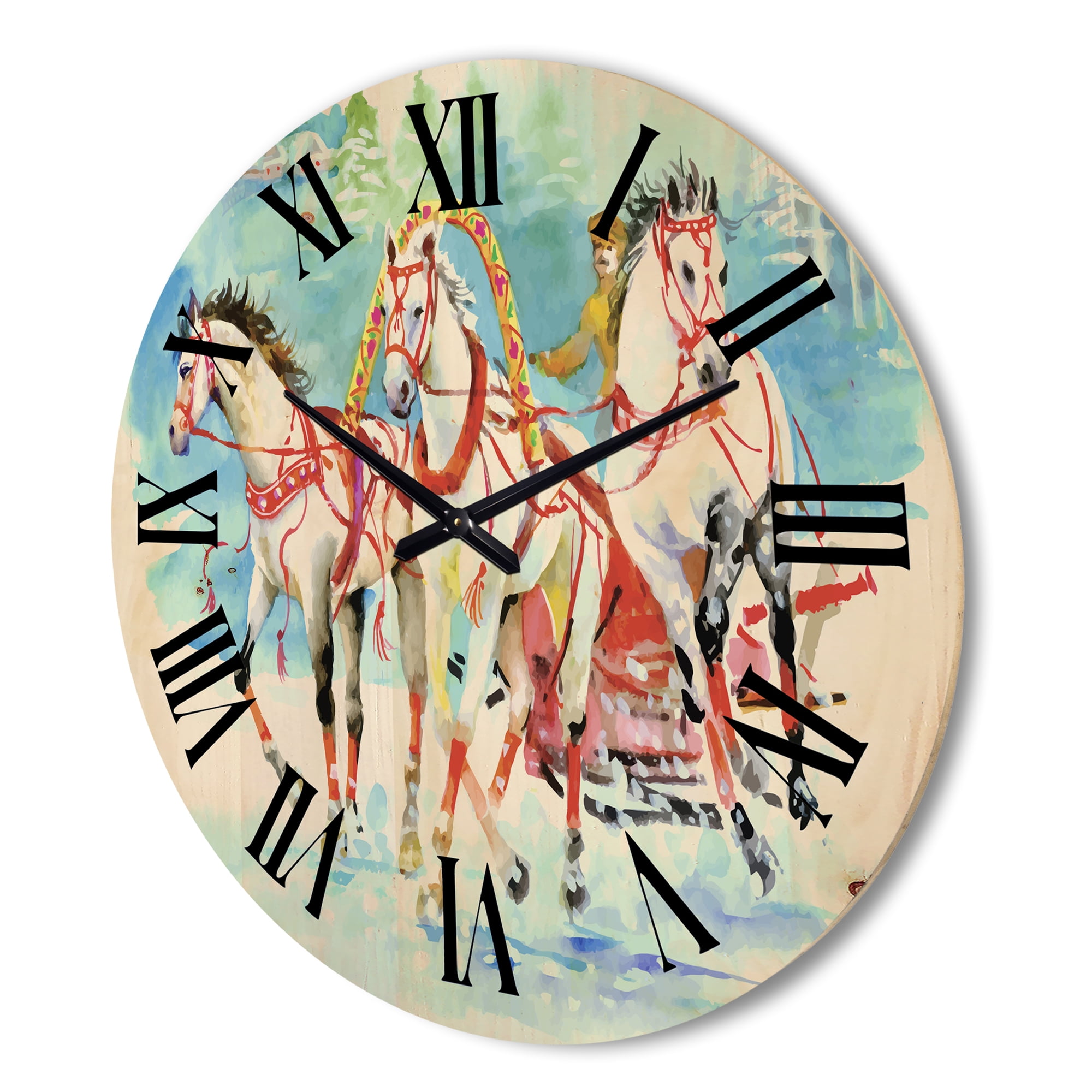 Designart 'Carriage In The Snow With Galoping Horses' Farmhouse Wood Wall Clock
