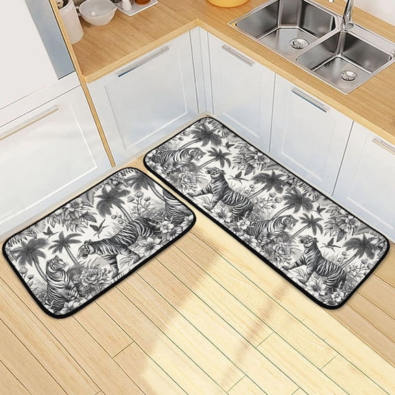 Dailycode 2 Pcs Kitchen Rug Set Non Slip Absorbent Soft Floor Mats for Kitchen Bathroom Tigers Palm Tree Flower 19.7"x27.6" 19.7"x47.2"