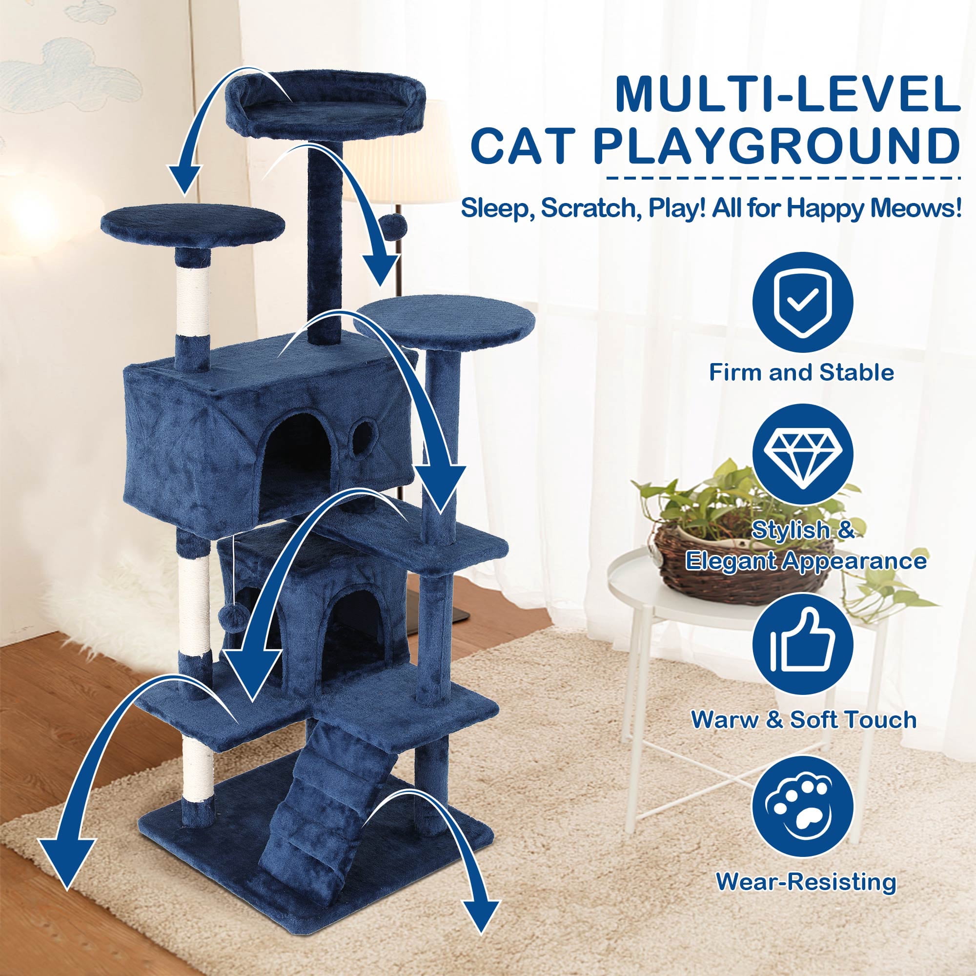 CL.HPAHKL 54In Cat Tree Tower for Large Cats, Cat Climbing Tower Cat Scratching Tree with Cat Scratching Stand, Big Cat Tree House Funny Toys for Kittens Pet(Navy Blue)
