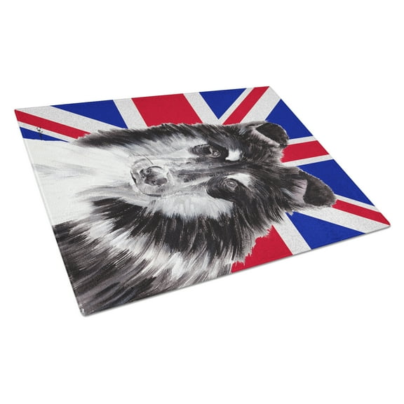 Black and White Collie with English Union Jack British Flag Glass Cutting Board Large