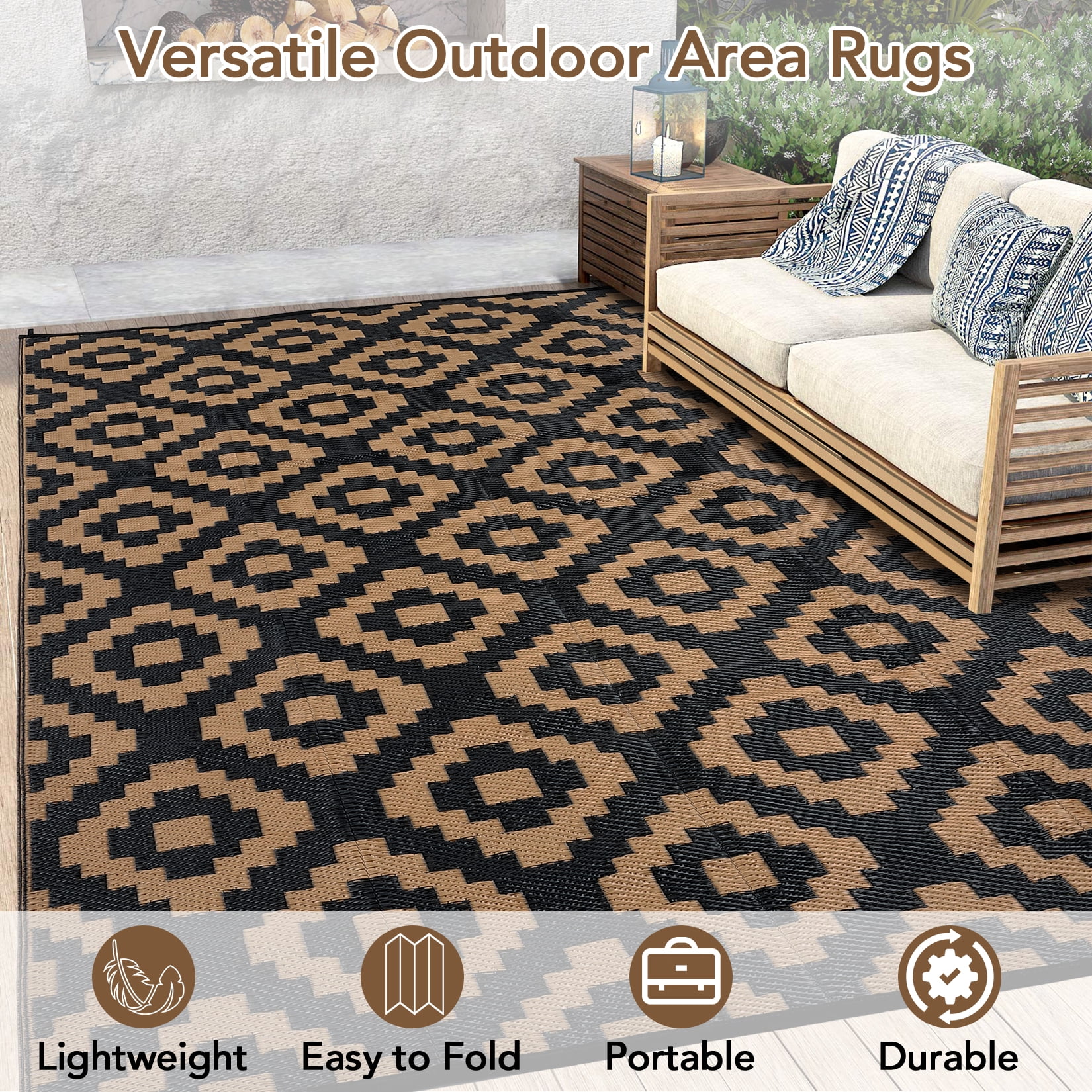 Twister.CK 8x10' Waterproof Outdoor Rug, Reversible Plastic Patio Rugs with Storage Bag, Portable Modern Indoor Outdoor Carpet for Camping, Balcony Deck Backyard, Black & Brown