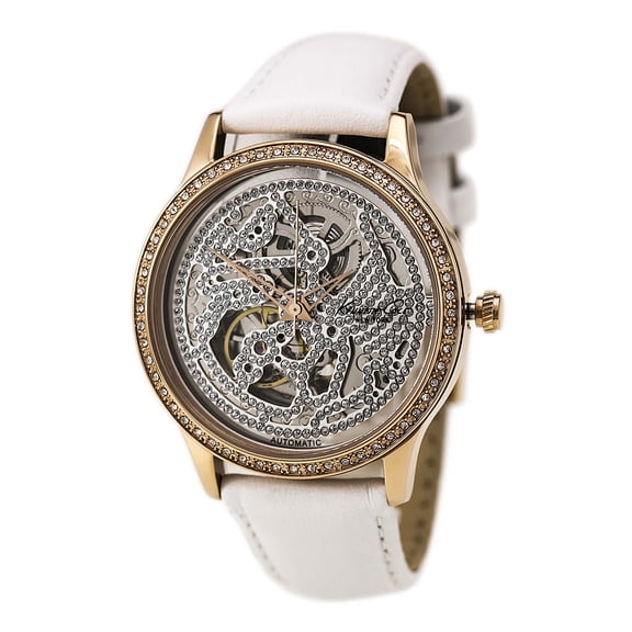 Kenneth Cole KC2885 Women's Automatic Crystal Accented Skeleton Dial White Leather Strap Watch