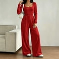 thumbnail image 2 of Lenpel Womens Casual Jumpsuits Square Neck Long Sleeve Back Zipper Rompers Solid Color Wide Leg Fashion Fall Clothes(Red,Large), 2 of 7