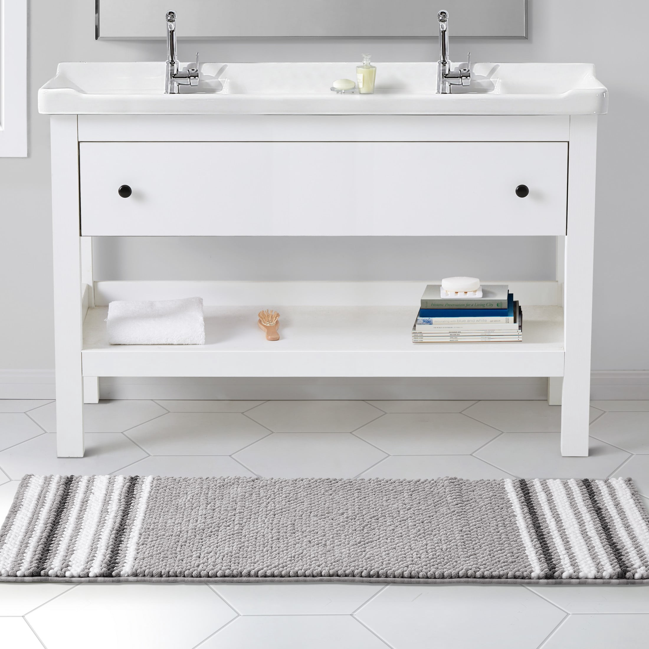 VCNY Home Aiden Jacquard Striped Light Grey Polyester Bath Runner, 24" x 60"