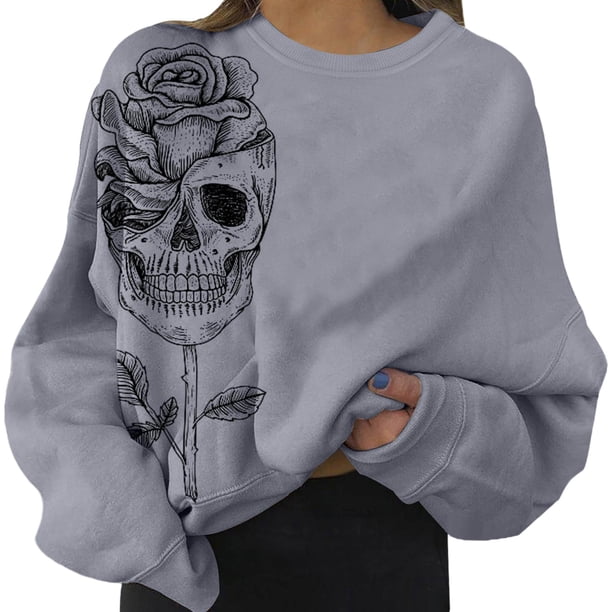 Sudadera con estampado de Easy Costume Graphic Tops Pullover para Cráneo gris rosa 3xl Yuyangstore Sudaderas