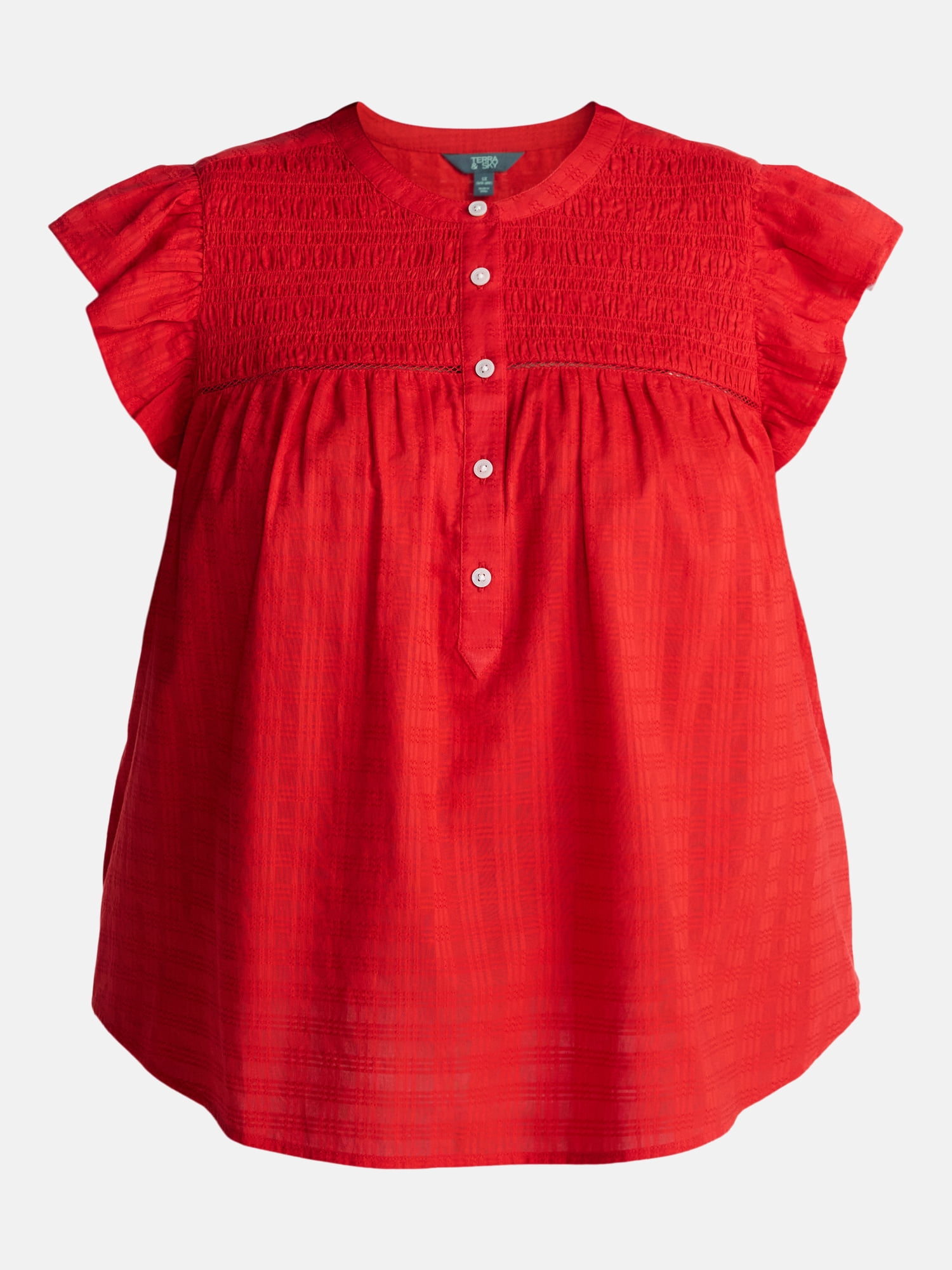 Terra & Sky Women’s Smocked Yoke Blouse with Flutter Sleeves, Sizes 0X-5X