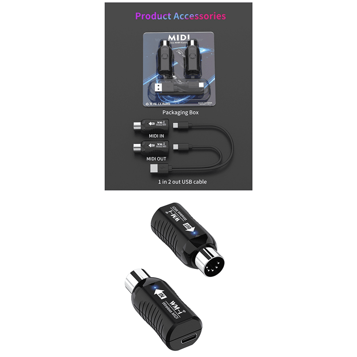 2X Rechargeable Midi Wireless Guitar System Audio Receiver Transmitter Wireless Midi Adapter for Digital Piano Keyboard,2 set x wireless midi transceiver,Black