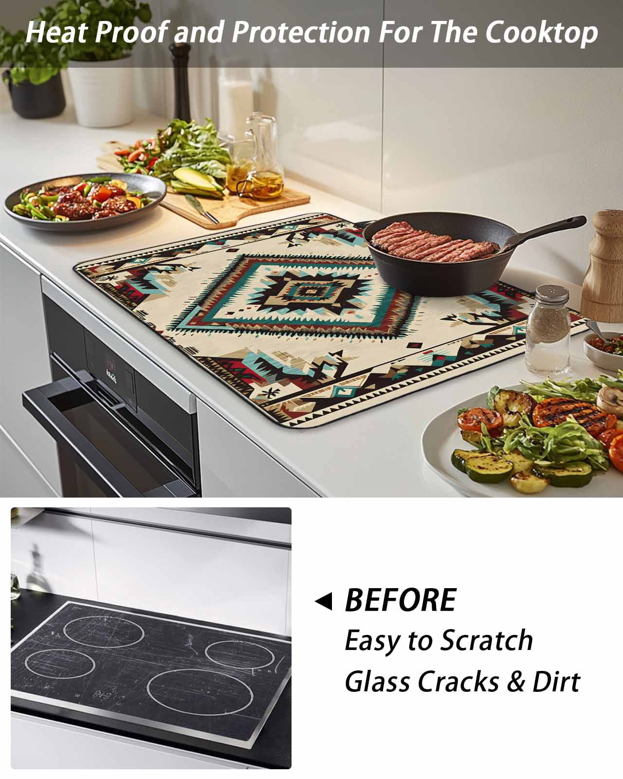Stove Top Covers for Electric Stove, Boho Red Teal Brown Glass Stovetop Cover Protector, Southwestern Vintage Geometric Induction Cooktop Protector Oven Mat for Kitchen Countertop 31"x24"