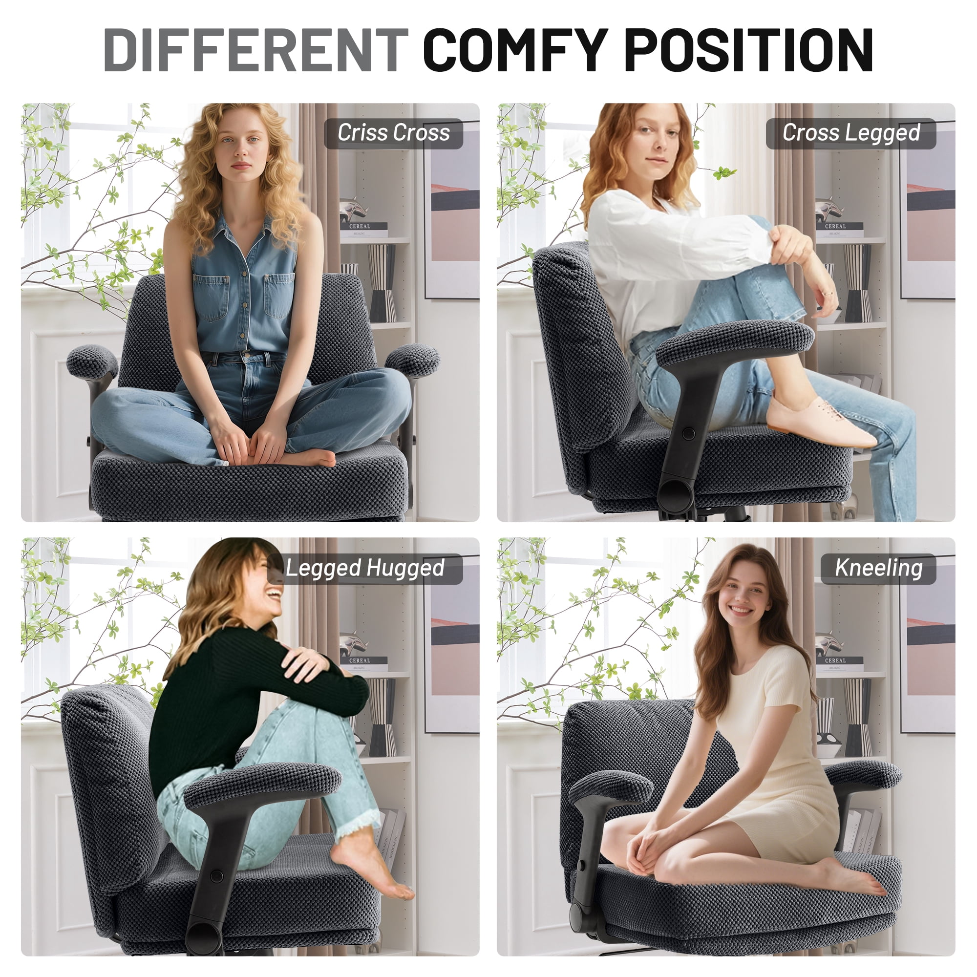 Criss Cross Chair with Flip-up Armrests, Wide Cross Legged Office Chair, Fabric Ergonomic Desk Chair with Wheels, Lumbar Support, Swivel Vanity Chair for Home Office, Bedroom, Study