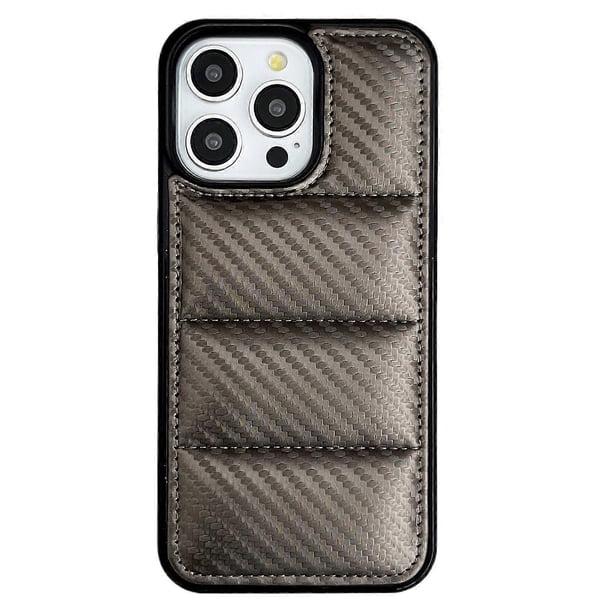 For iPhone 14 Pro Case Carbon Fiber Puffer Jacket Leather TPU Shockproof Phone Cover - Grey