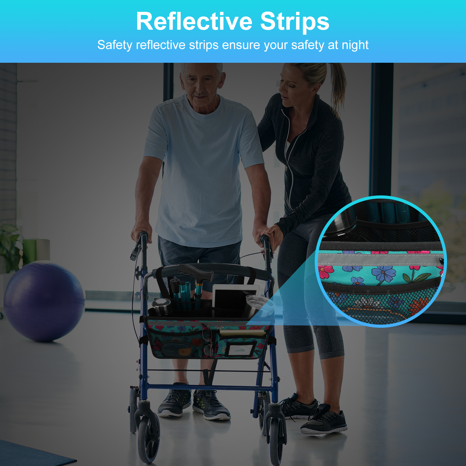 SupreGear Foldable Waterproof Walker Bag with Cup Holder, Cyan Butterfly Rollator Storage Pouch