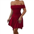 thumbnail image 3 of Vestido Corto de Cóctel con Hombros Descubiertos, Dobladillo Fruncido y Corsé Fruncido para Mujer Rojo Vino XS, 3 of 10