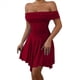 thumbnail image 3 of Vestido Corto de Cóctel con Hombros Descubiertos, Dobladillo Fruncido y Corsé Fruncido para Mujer Rojo Vino XS, 3 of 10