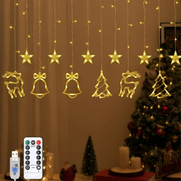 Lewondr Reindeer Bell Christmas Curtain Lights 138 LED Christmas Tree Hanging Home Lights with 6H Timer & 8 Modes USB Powered Fairy Lights Xmas Decor for Home Party Indoor Warm Light