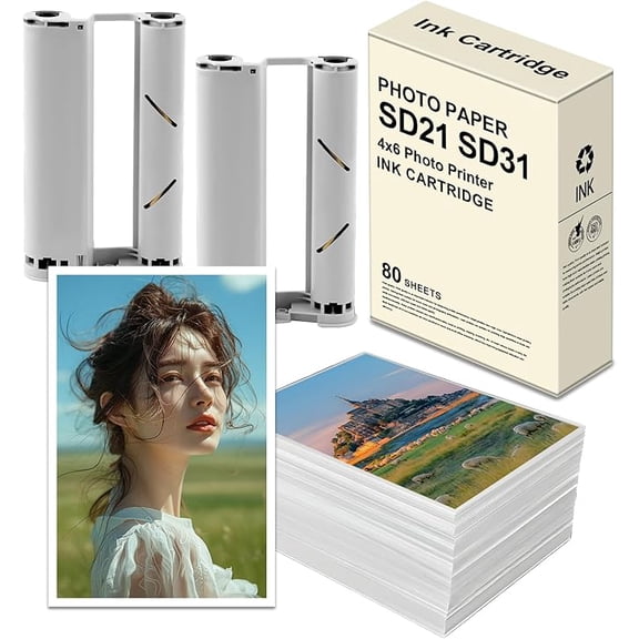 Photo Paper SD21 SD31 Compatible with DHP512 DHP513 Photo Printers Compatible for Amber M100 M200 4x6'' Photo Printer Ink Cartridge(80 Sheets paper and 2 Cartridges Refill)