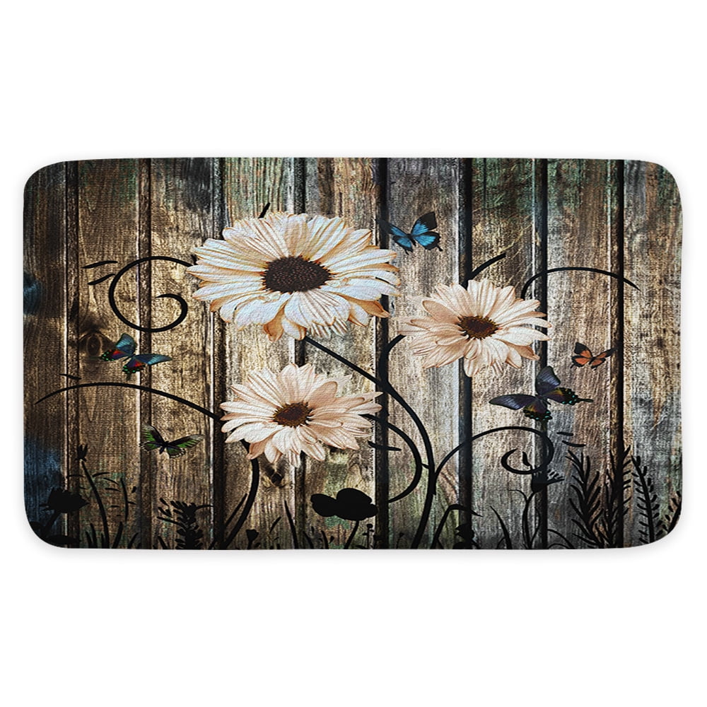 Rustic Farmhouse Floral Bathroom Shower Curtain Set with Toilet Lid Cover and Non-Slip Rugs, Barn Wood Daisy Butterfly Gray Retro 4 Pcs Shower Curtain Set Restroom Decor Accessories with Hooks,72X72in