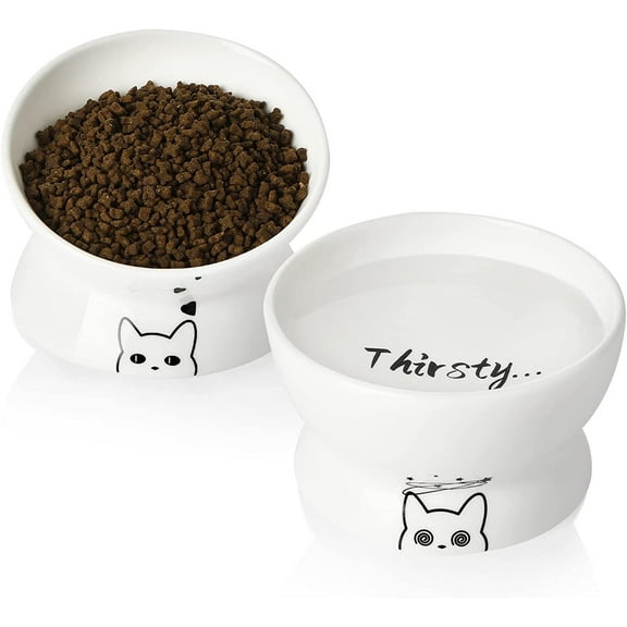 SWEEJAR Raised Cat Bowls Set, Tilted Food Bowl and Deep Water Bowl, Ceramic Pet Bowl Collection for Cats and Small Dogs, Set of 2 (White)