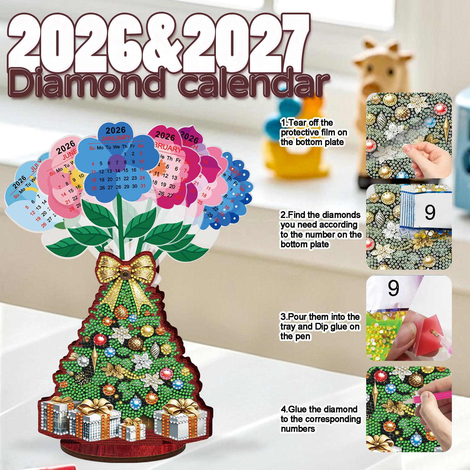 FLOPESN 2026-2027 Wooden Desktop Calendar DIY Diamond Art Painting Kits,Creative Design PVC Insert Home Decor Ornament-2PCS-Christmas