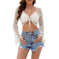 thumbnail image 5 of Arvbitana Women's Summer Mini Knit Cover Up Long Sleeve V Neck Hollow Tie Up Beachwear Knitwear, 5 of 6