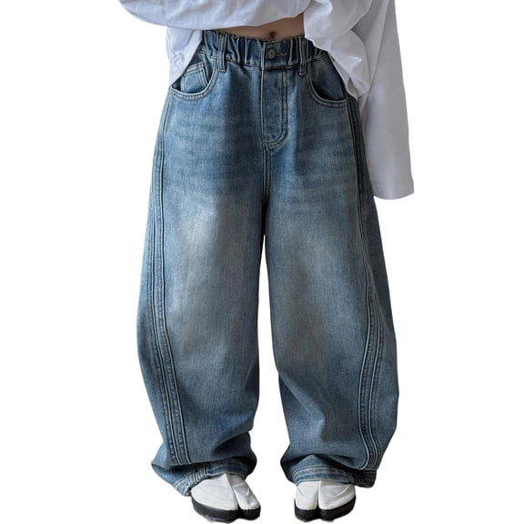 Kids Boys Solid Color Baggy Denim Jeans Full Length Wide Leg Elastic Waist Multiple Pockets Cargo Style Denim Casual Bottoms Light Blue 3 Years-4 Years