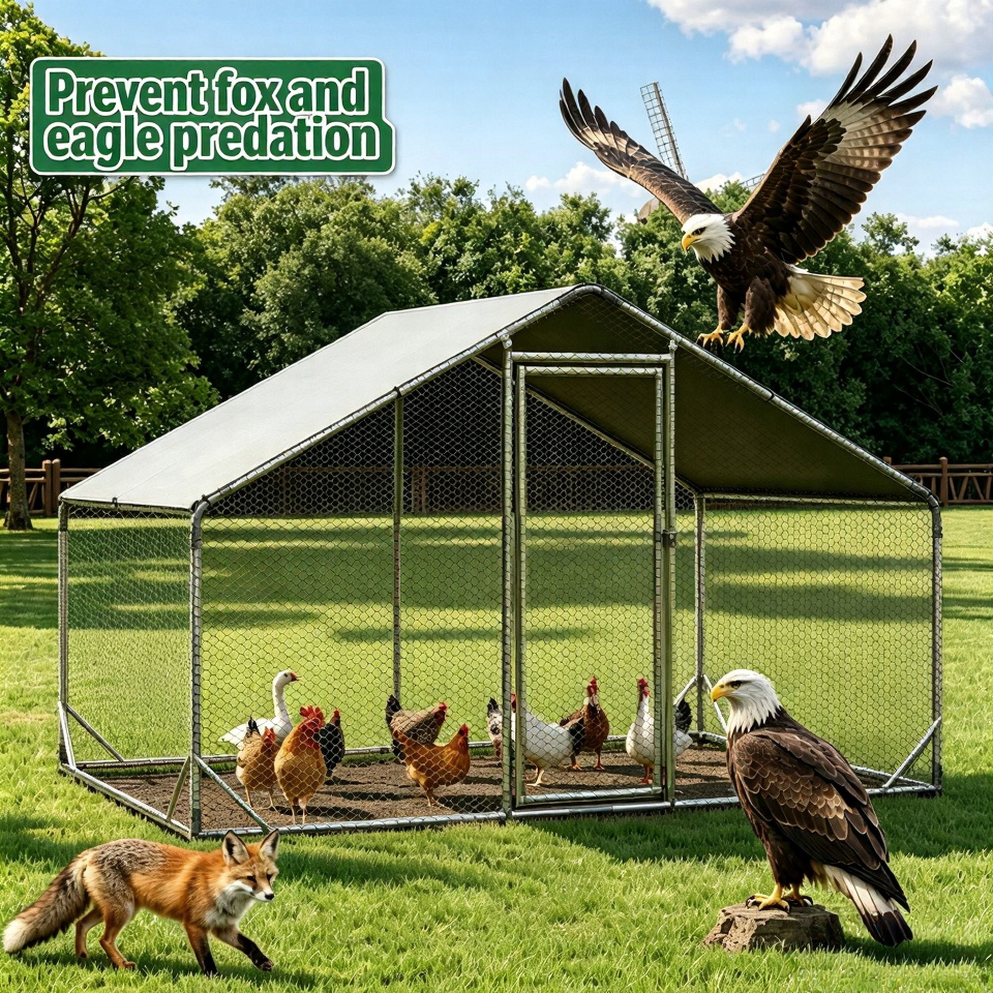 BaPiPro 65 Sq Ft Walk-In Galvanized Chicken Coop, Waterproof Spire Roof for 8-10 Chickens & Ducks Backyard