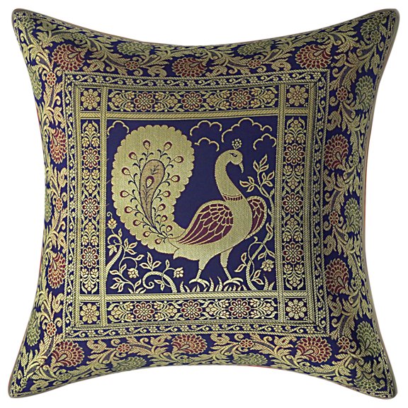Stylo Culture Indian Zippered Brocade Navy Blue And Gold Throw Pillow Covers 16x16 Jacquard Weave Banarasi Modern Pillow Covers Dancing Peacock Floral 40x40 cm Decorative Cushion Covers (1 Pc)