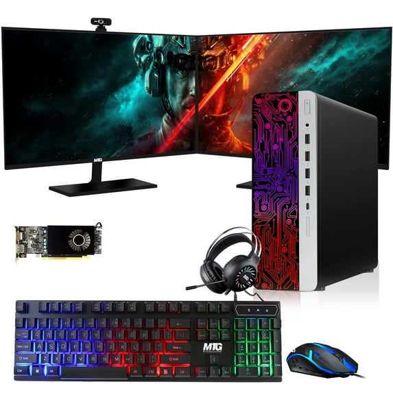 Restored HP G3 Gaming Desktop PC,Intel Core i7 6th Gen,AMD RX 550 Graphics,32GB RAM,240GB SSD + 3TB HDD,MTG 27 Inch Dual Monitor,RGB Keyboard Mouse,Headphone,Webcam,Windows 11 Pro