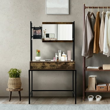 Gymax Large Drawer Vanity Table with 3-Height Adjustable Mirror Storage Bag